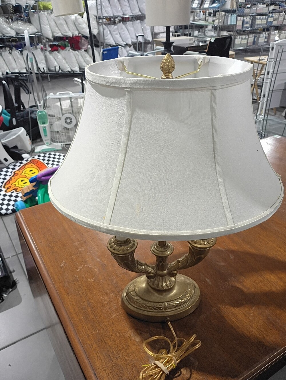 Robert Abbey-Candelabra Vintage White Shade Table Lantern with Gold Base.